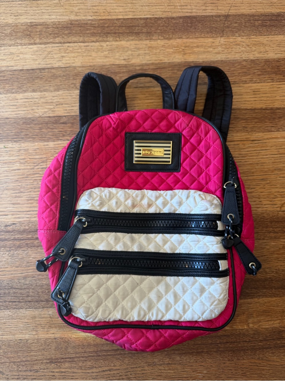 Quilted Pink and Cream Betsey Johnson Mini Backpack - Designer Plaque Accent